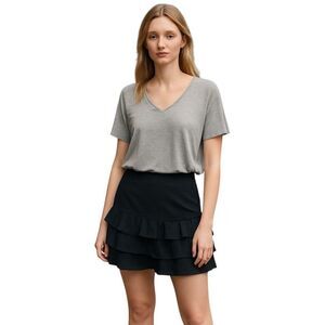 NEW Jay Godfrey Size 2 Mini Dress Gray Cotton Top and Black 3 Tier Ruffled Skirt